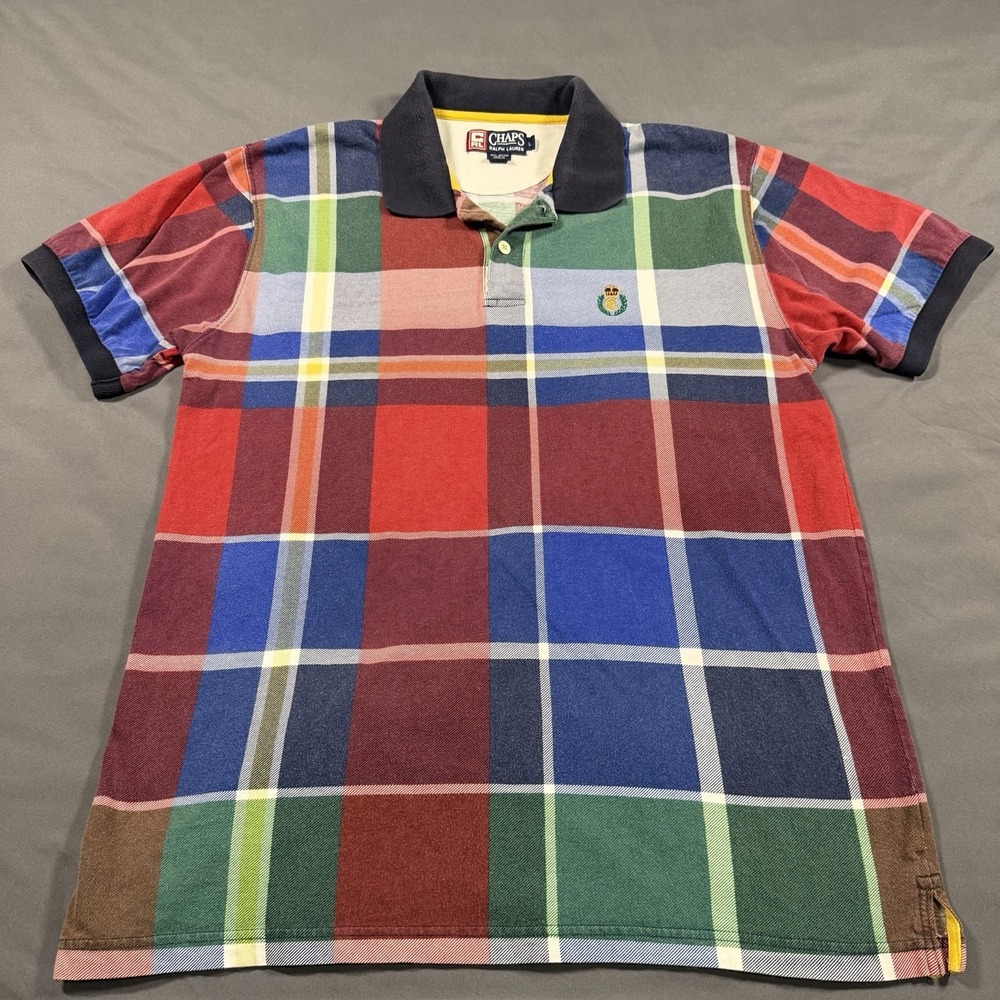 VTG Chaps Ralph Lauren Polo Shirt Mens Large Multicolor Plaid Embroidered Preppy